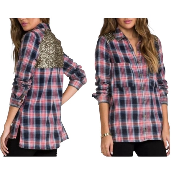 Free People Plaid Shirt Small Sequin Embellished Bohemian Western Mixed Media - Picture 1 of 14